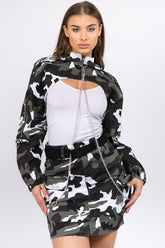 American Bazi Camouflage Cropped Jacket with Edgy Chain Details